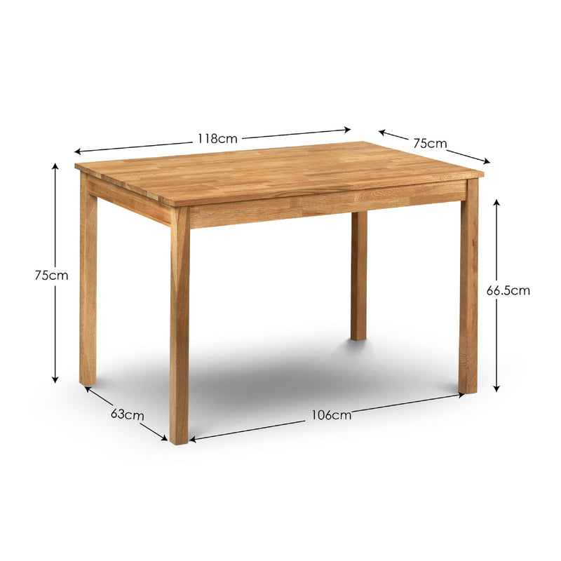 Wooden table with dimensions marked on a white background