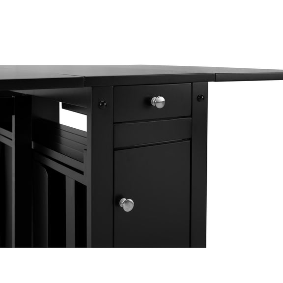 Black desk with drawers and silver knobs on a white background