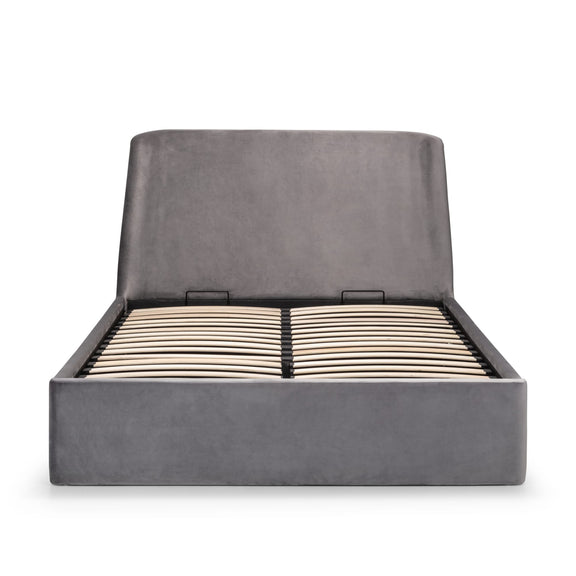Gray upholstered bed frame with wooden slats on a white background