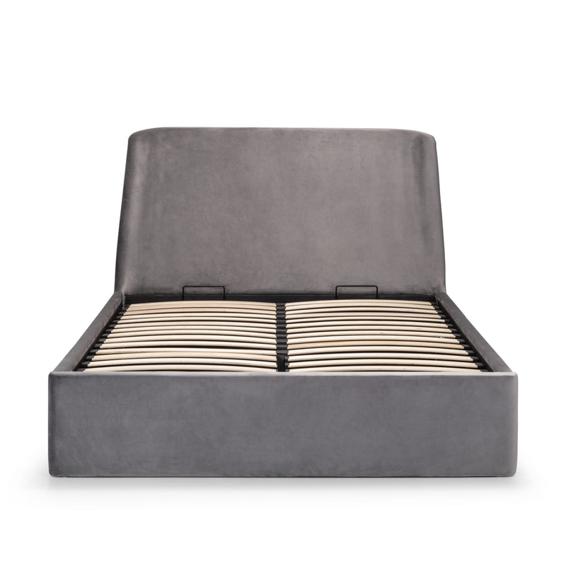 Gray upholstered bed frame with wooden slats on a white background