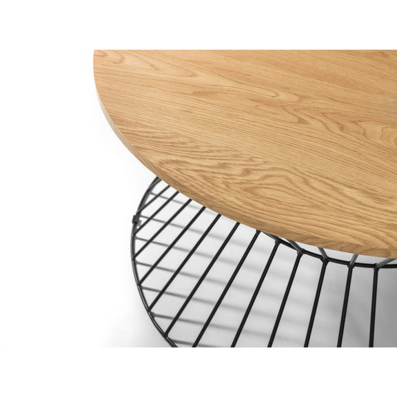 Wooden table with a metal wire base on a white background