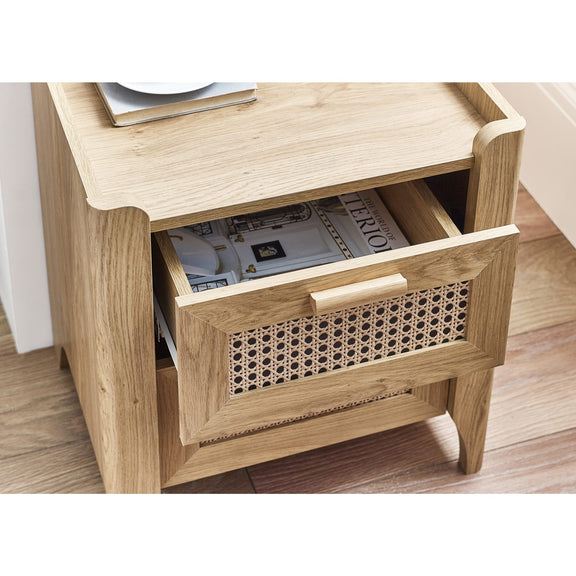 Dimensions of oak effect wooden 2 drawer bedside table with woven rattan drawer fronts