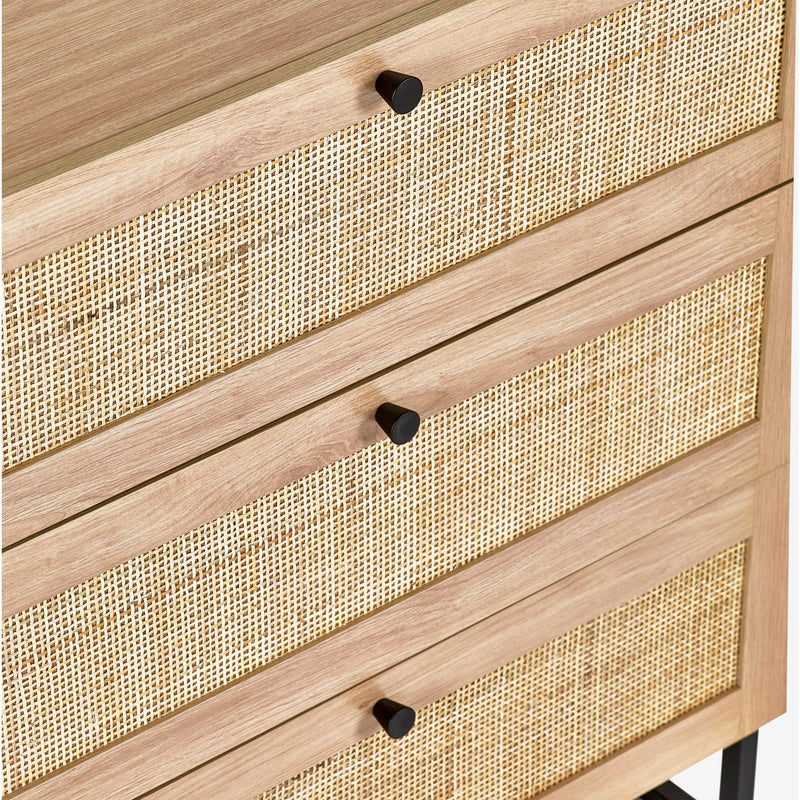 Wooden dresser with woven design and black knobs