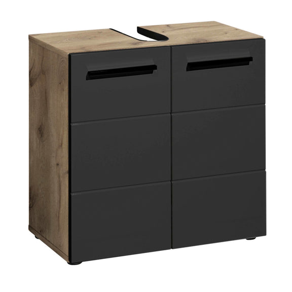 Wooden cabinet with black drawers on a white background