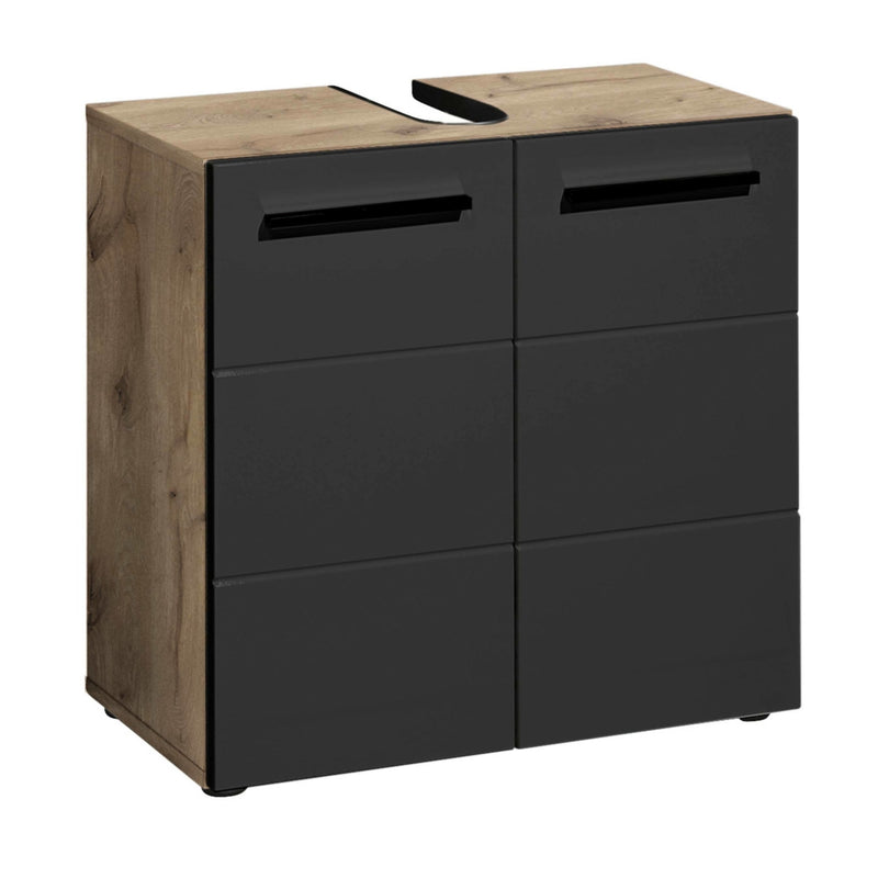 Wooden cabinet with black drawers on a white background