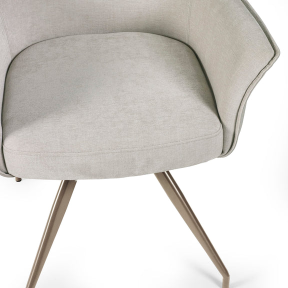 Gray upholstered chair with metal legs on a white background