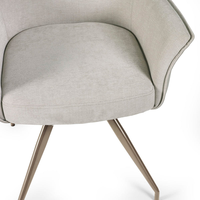 Gray upholstered chair with metal legs on a white background