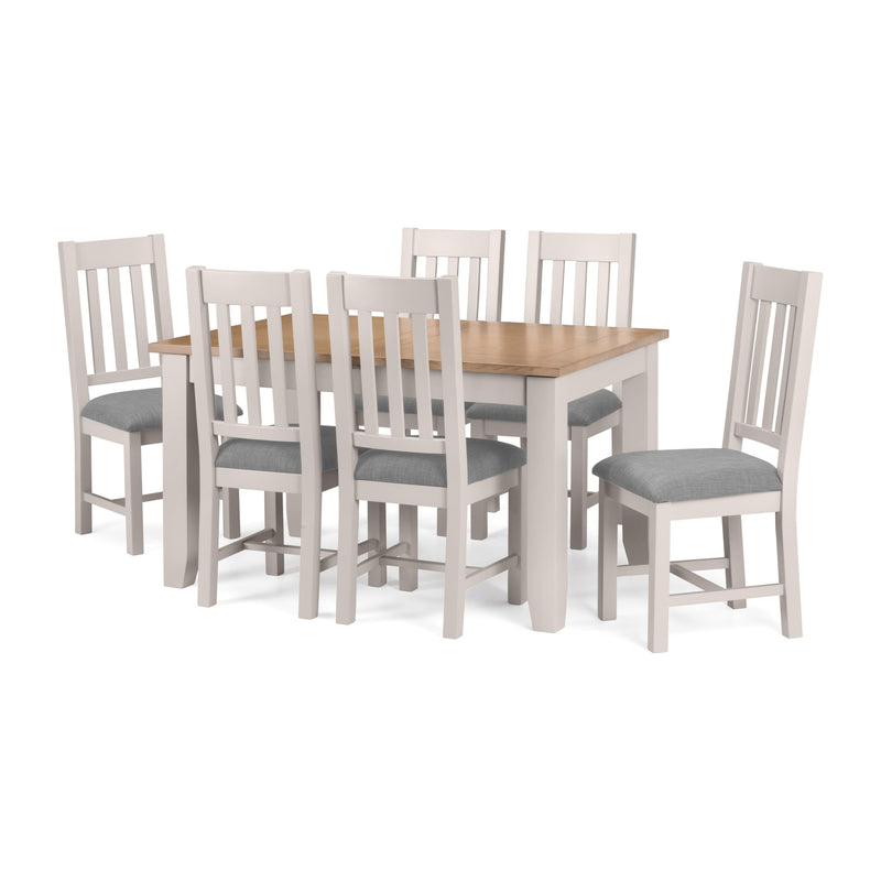 Dining set with a wooden table and six chairs on a white background