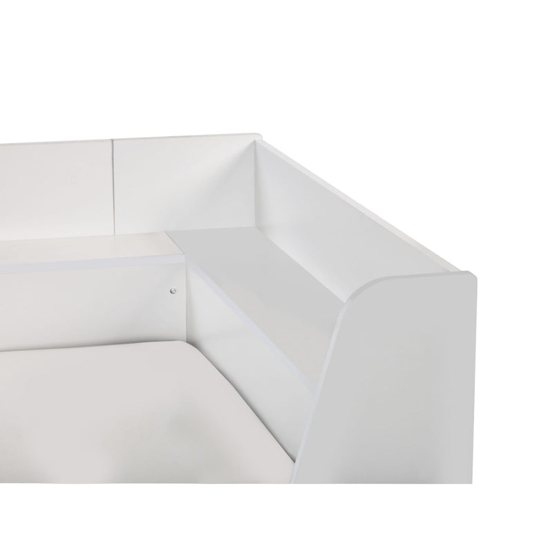 White corner of a room with a white wall and floor.
