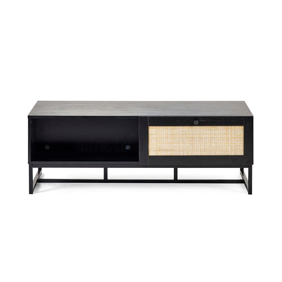 Black and gray entertainment console with wicker door on a white background
