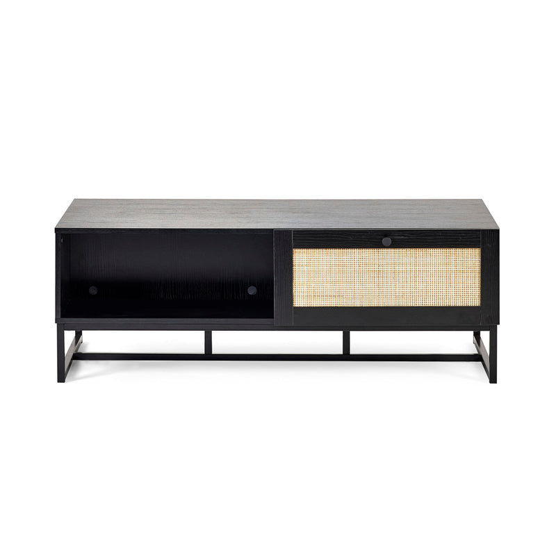 Black and gray entertainment console with wicker door on a white background