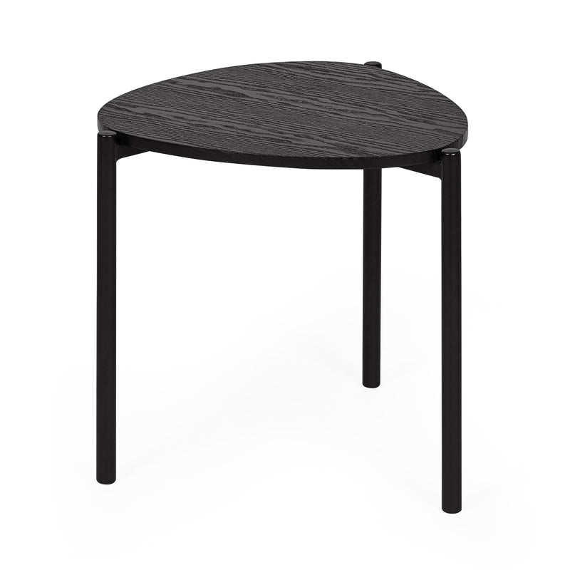 Small round table with dark wooden top and black metal legs on a white background
