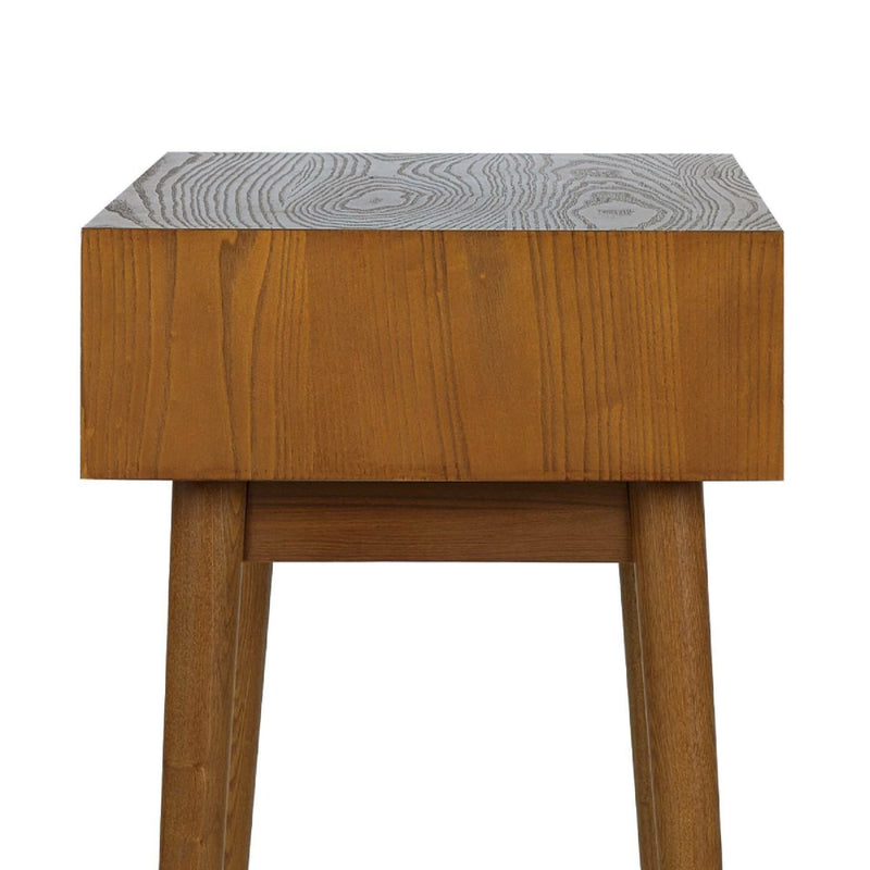 Wooden side table with a patterned top on a white background