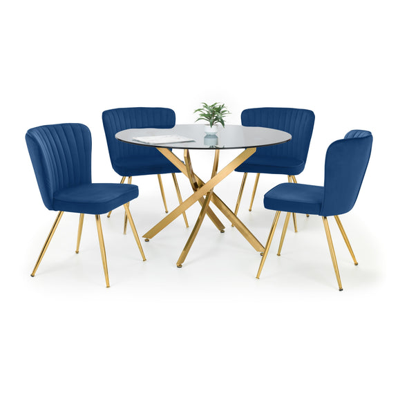 Dining set with round glass table and four blue chairs on a white background