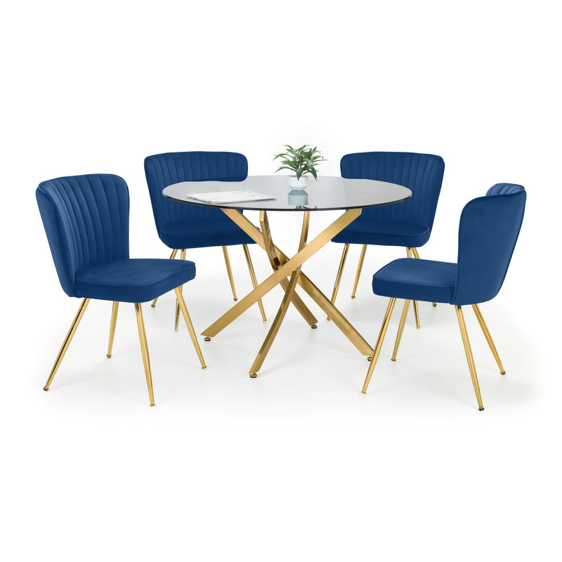 Dining set with round glass table and four blue chairs on a white background