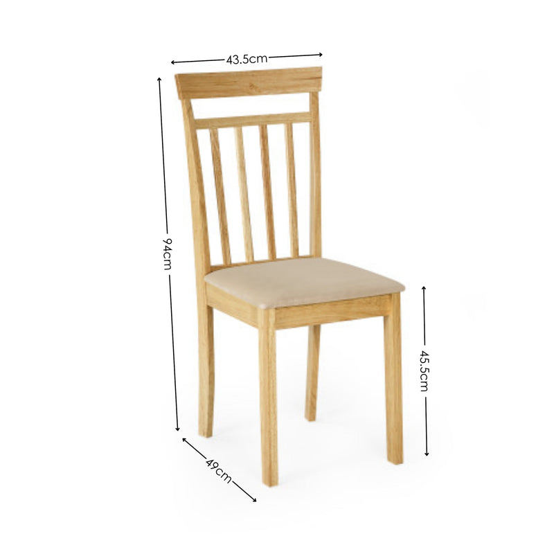 Wooden chair with dimensions labeled on a white background