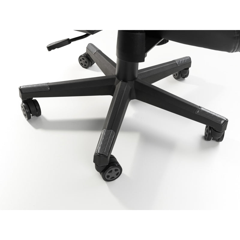 Close-up of a black office chair with wheels on a white background