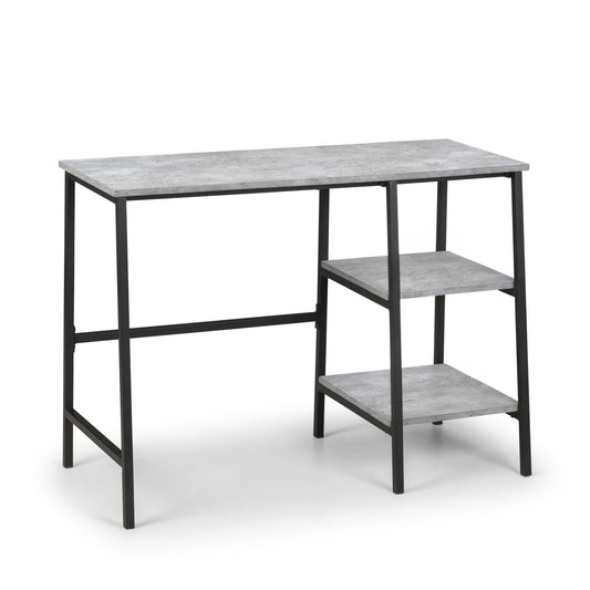 Small table with a gray marble top and black metal frame on a white background