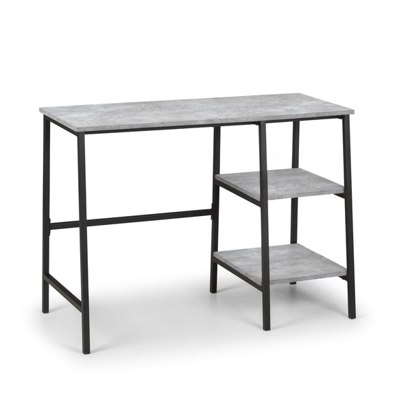Small table with a gray marble top and black metal frame on a white background