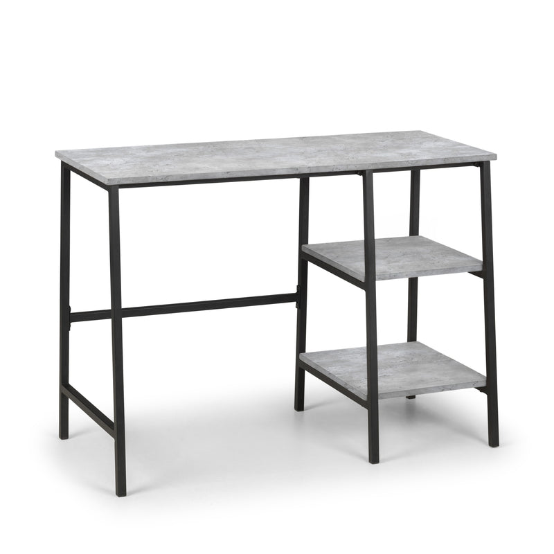 Small table with a gray marble top and black metal frame on a white background