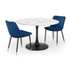 Round white table with two blue chairs on a white background