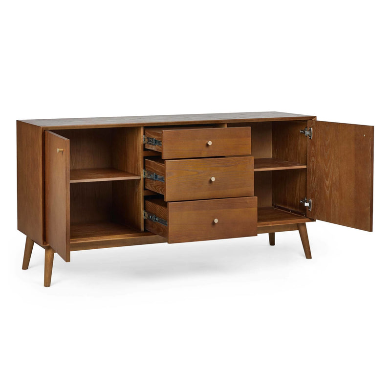 Wooden sideboard with open doors and drawers on a white background