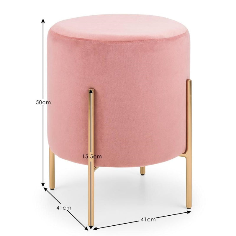 Pink stool with gold legs and dimensions on a white background