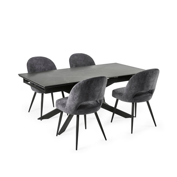 Dining table set with four gray chairs on a white background