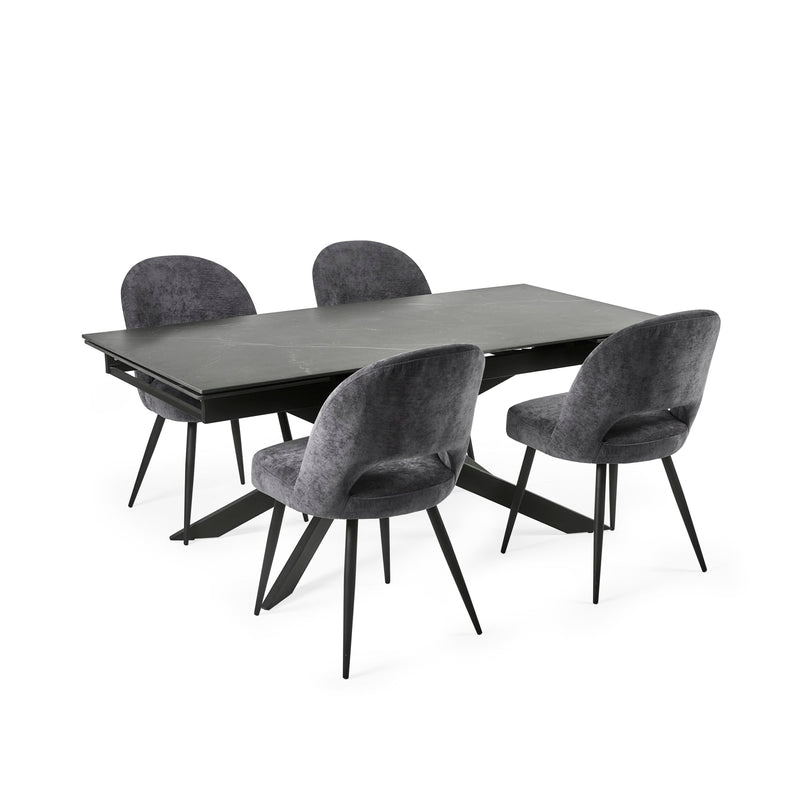 Dining table set with four gray chairs on a white background