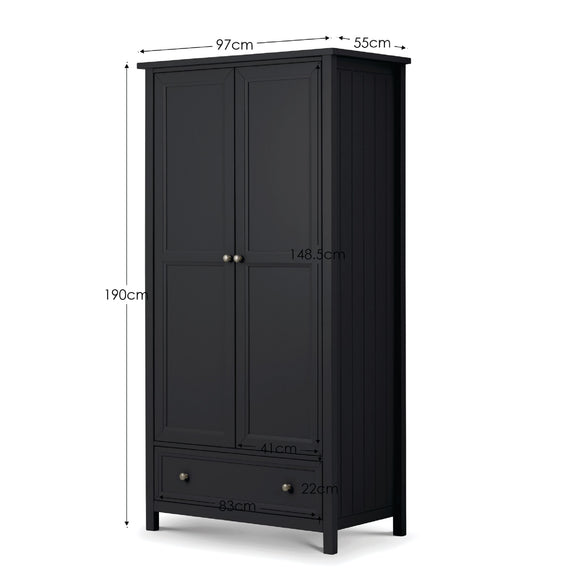 Black wardrobe with dimensions labeled on a white background