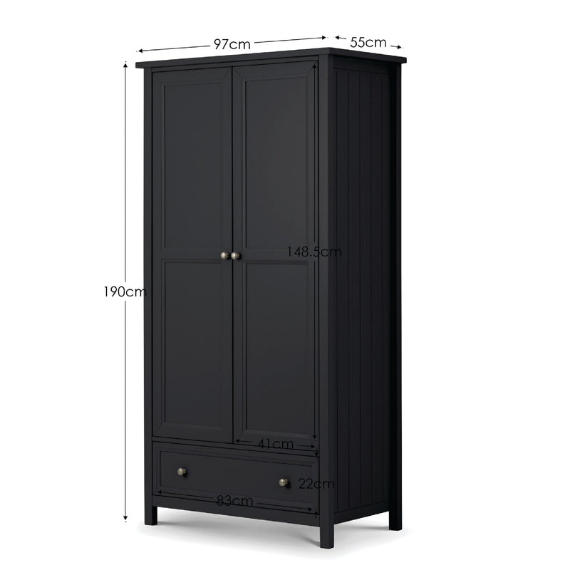 Black wardrobe with dimensions labeled on a white background