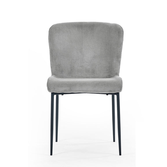 Gray upholstered chair with black legs on a white background