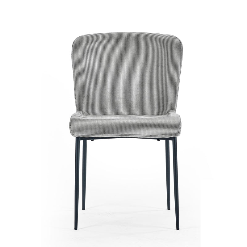 Gray upholstered chair with black legs on a white background