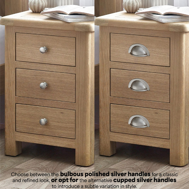 Two wooden nightstands with different handle styles on drawers.