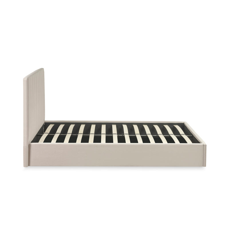 Beige bed frame with striped mattress on a white background