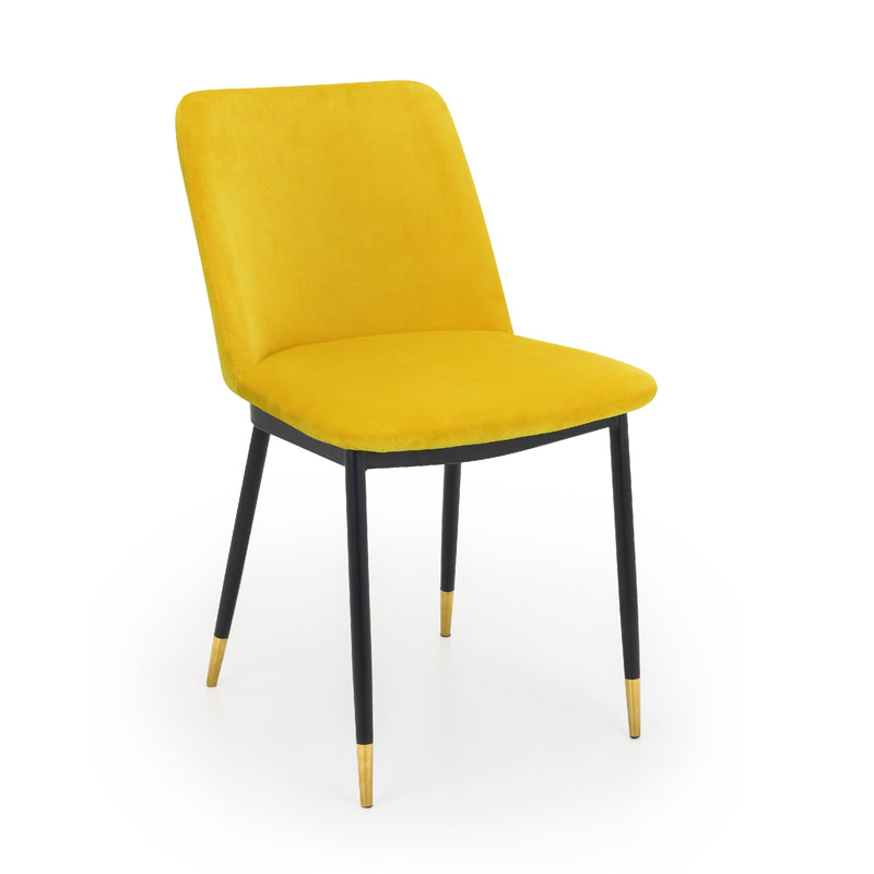 Yellow chair with black legs and gold toes on a white background