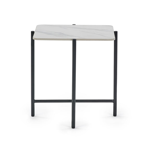 Small table with a white top and black legs on a white background