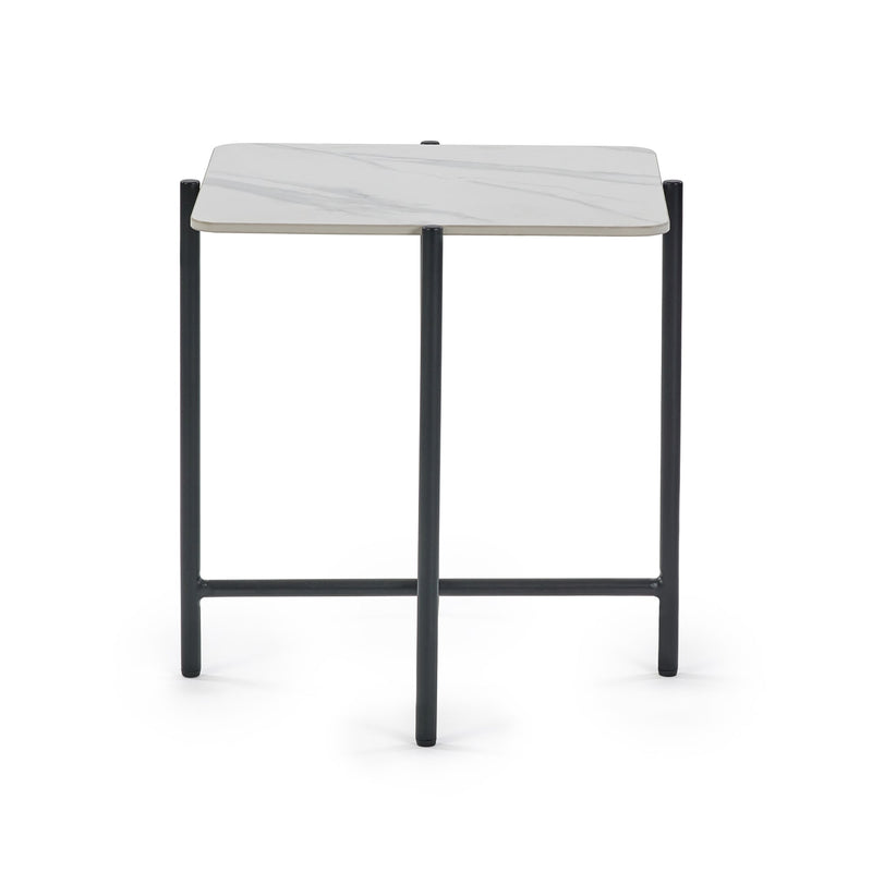 Small table with a white top and black legs on a white background