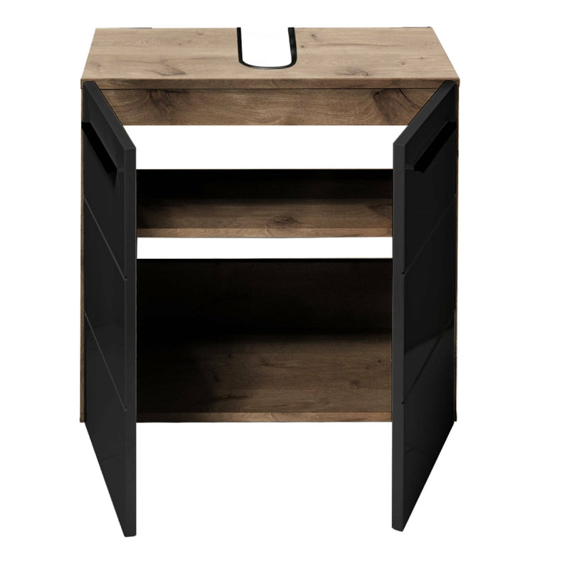 Wooden vanity with black frame on a white background