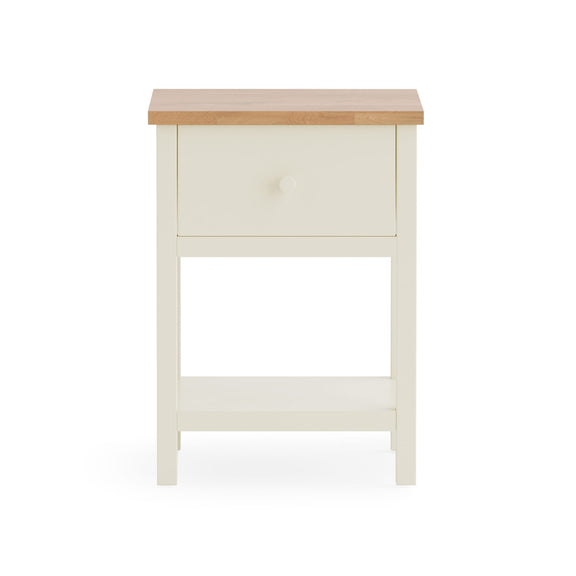 White nightstand with a wooden top on a white background