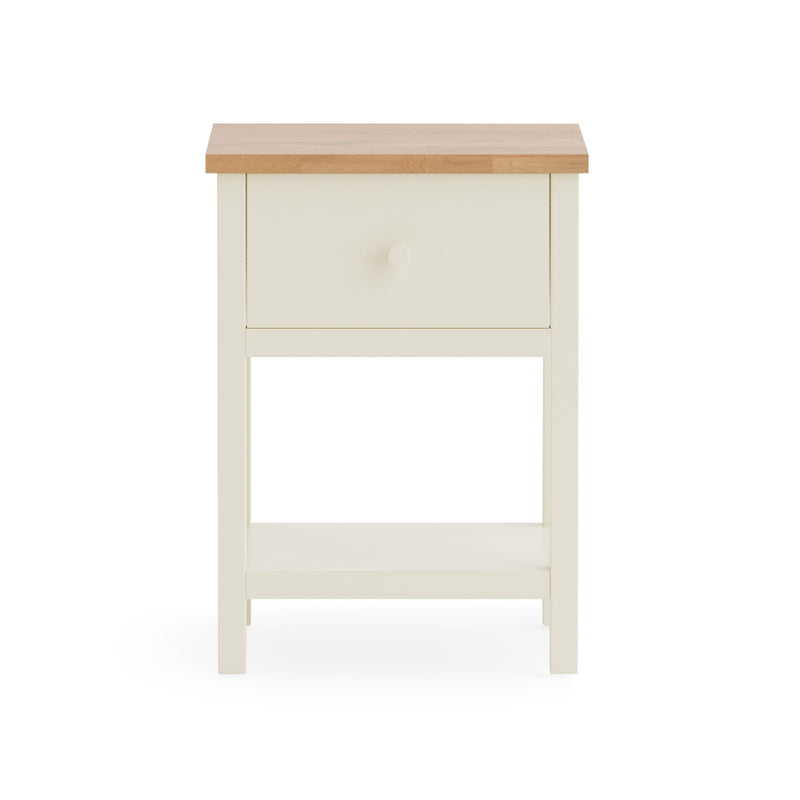 White nightstand with a wooden top on a white background