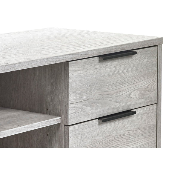 Wooden desk with two drawers and black handles on a white background