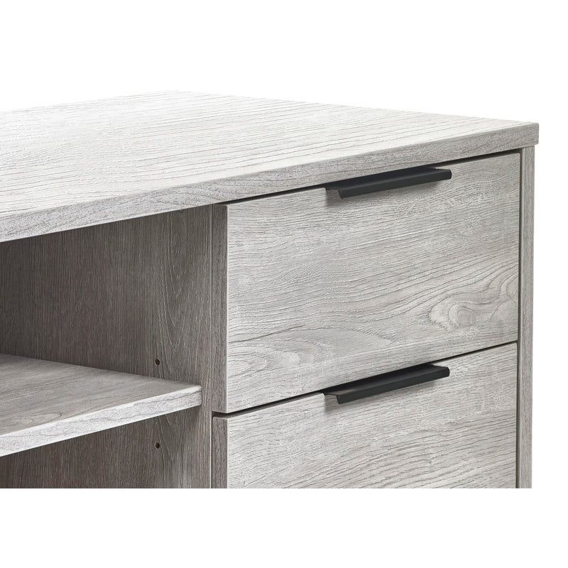 Wooden desk with two drawers and black handles on a white background