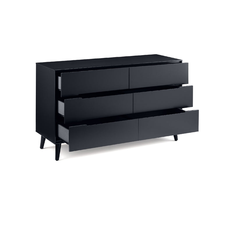 Black dresser with four drawers on a white background