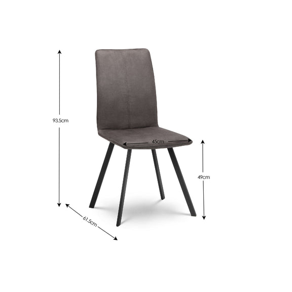 Gray chair with dimensions marked on a white background