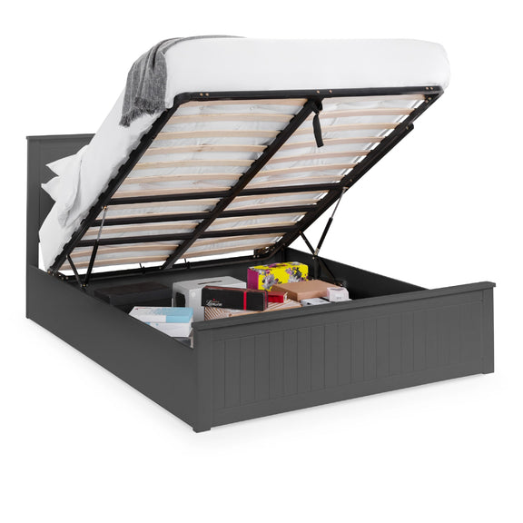Black bed frame with open storage compartment on a white background