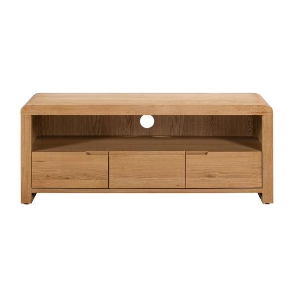 Wooden TV stand with three drawers on a white background