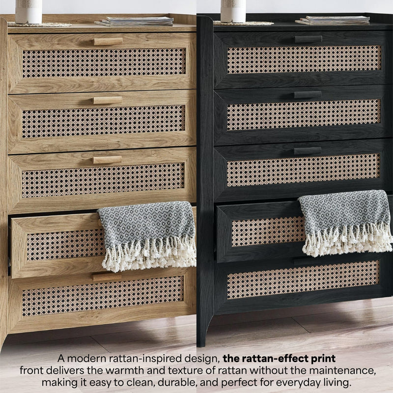 Two dressers, one in natural wood and the other in black, with rattan-effect print drawers.