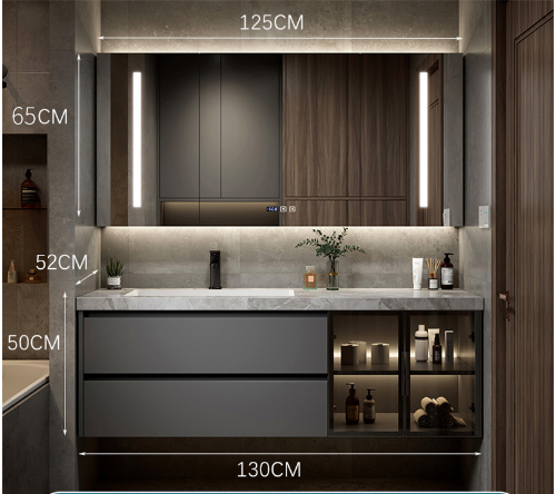 Italian Minimalist Grey Stone Vanity with Smart LED Mirror