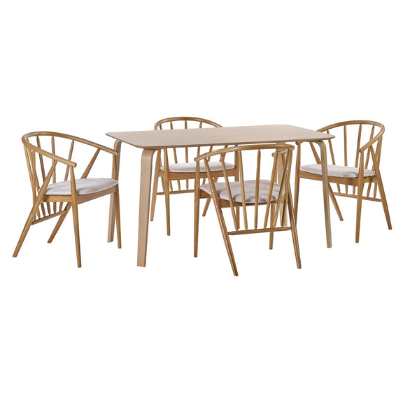Dining table set with four chairs on a white background